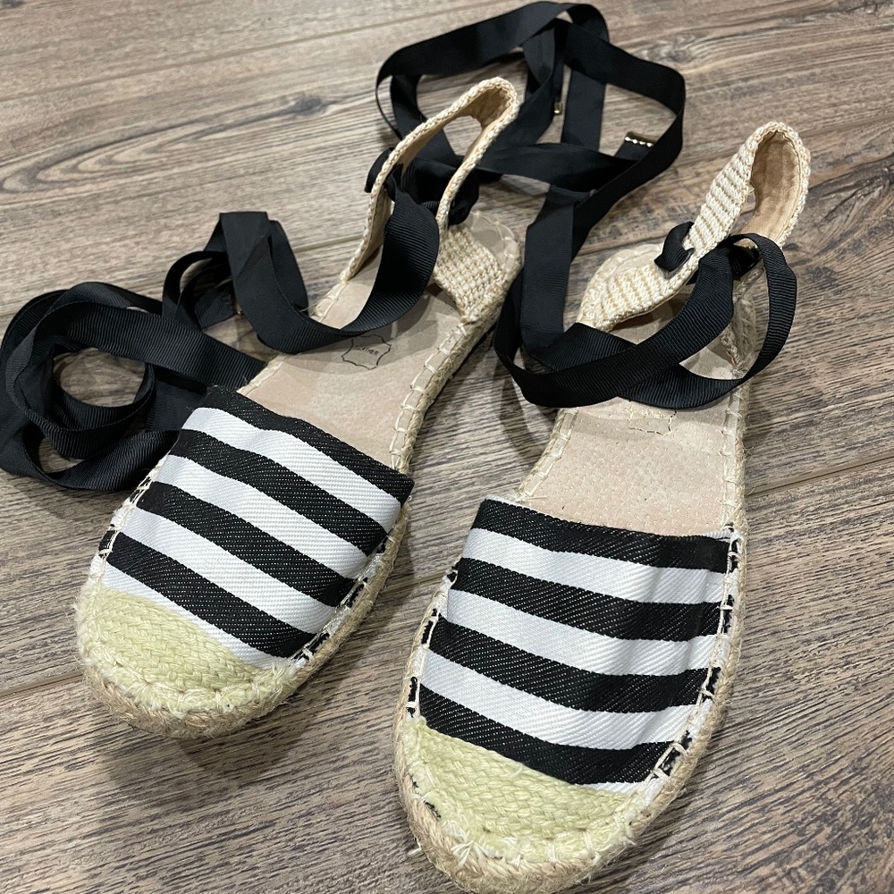 Black & White Striped Espadrille Sandals With Black Ribbon Ankle Tie Size 6.5